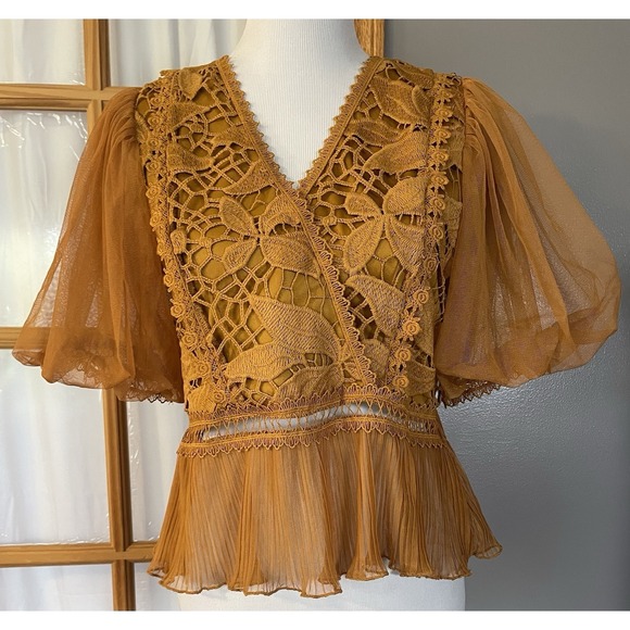 Haute Monde Tops - Haute Monde Floral Embroidery Peplum Blouse S Gold Lace Sheer Puff Sleeve Party